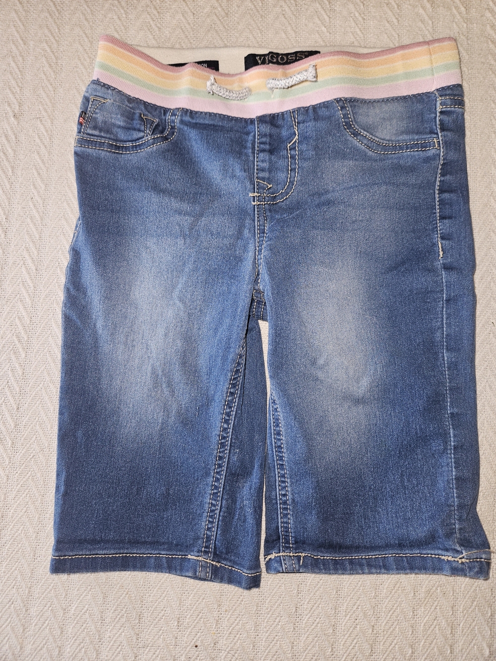 Vigoss Blue Denim Bermuda Shorts with Pastel Rainbow Waistband
